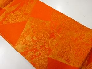 リサイクル　切り嵌め風に草花・花車模様織出しリバーシブル全通袋帯